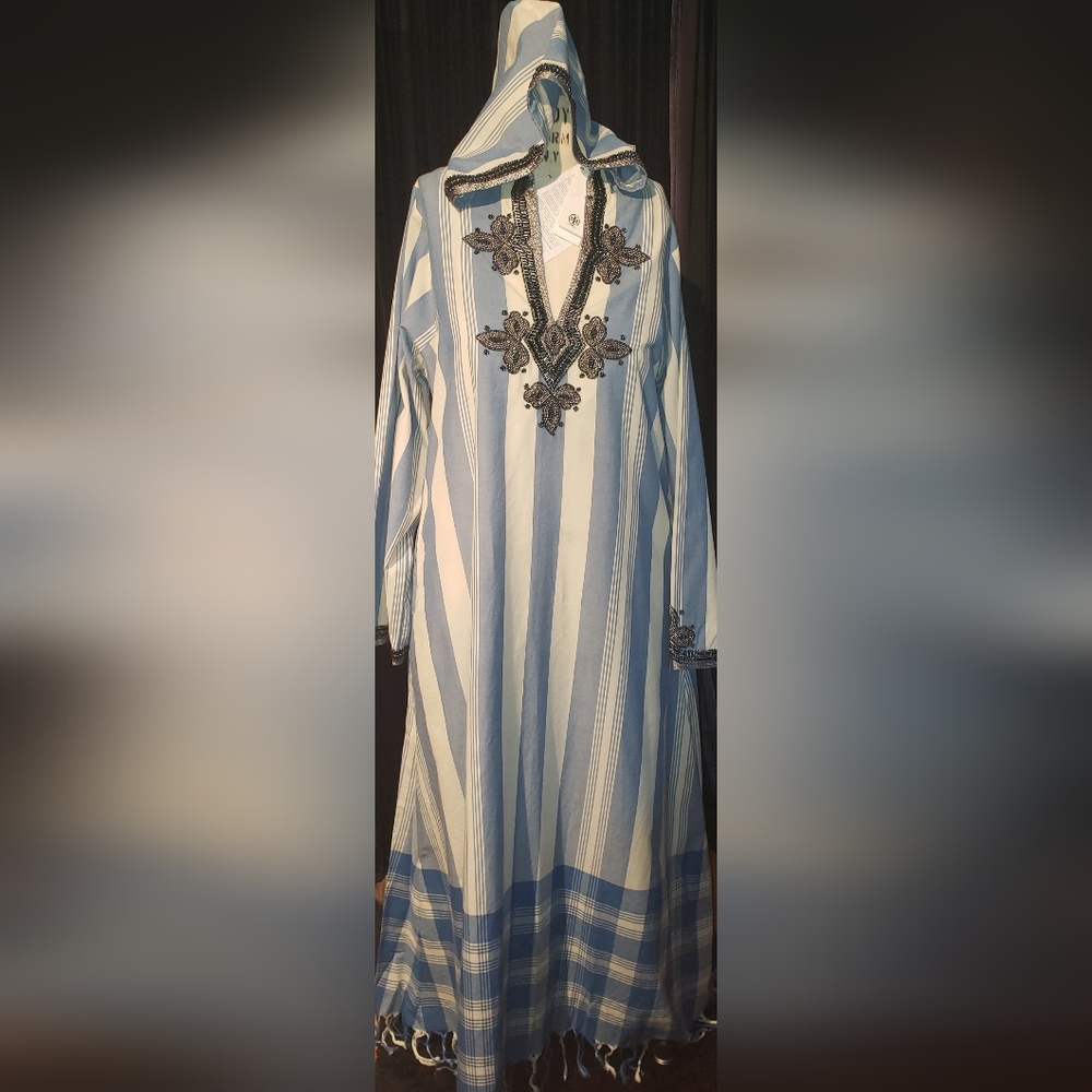NWT. Tory Burch pinstripe blue white Striped Hood Kaftan sequins embroid   dress - Picture 6 of 16